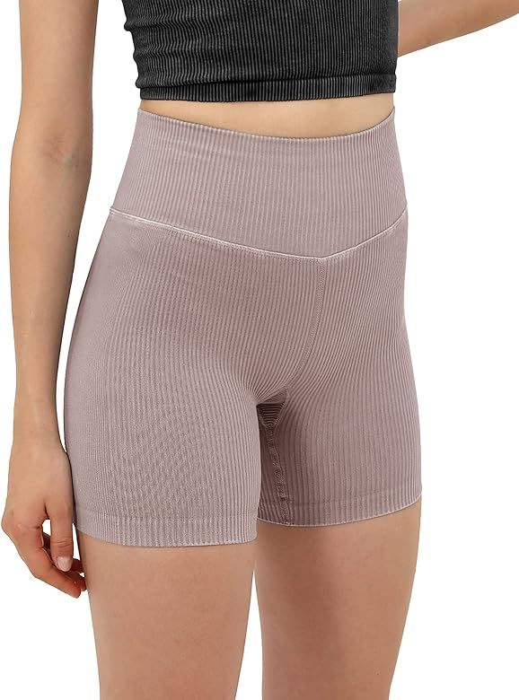 ODODOS Seamless Shorts for Women, High Waist Butt Lifting Acid Washed Ribbed Biker Shorts for Wor... | Amazon (US)