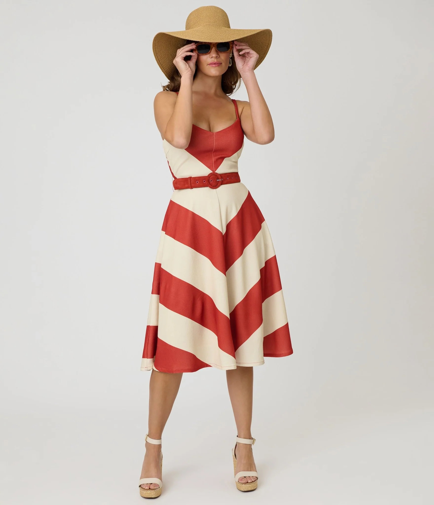 Smak Parlour Rust & Ivory Spaghetti Strap Chevron Midi Dress | Unique Vintage - North America