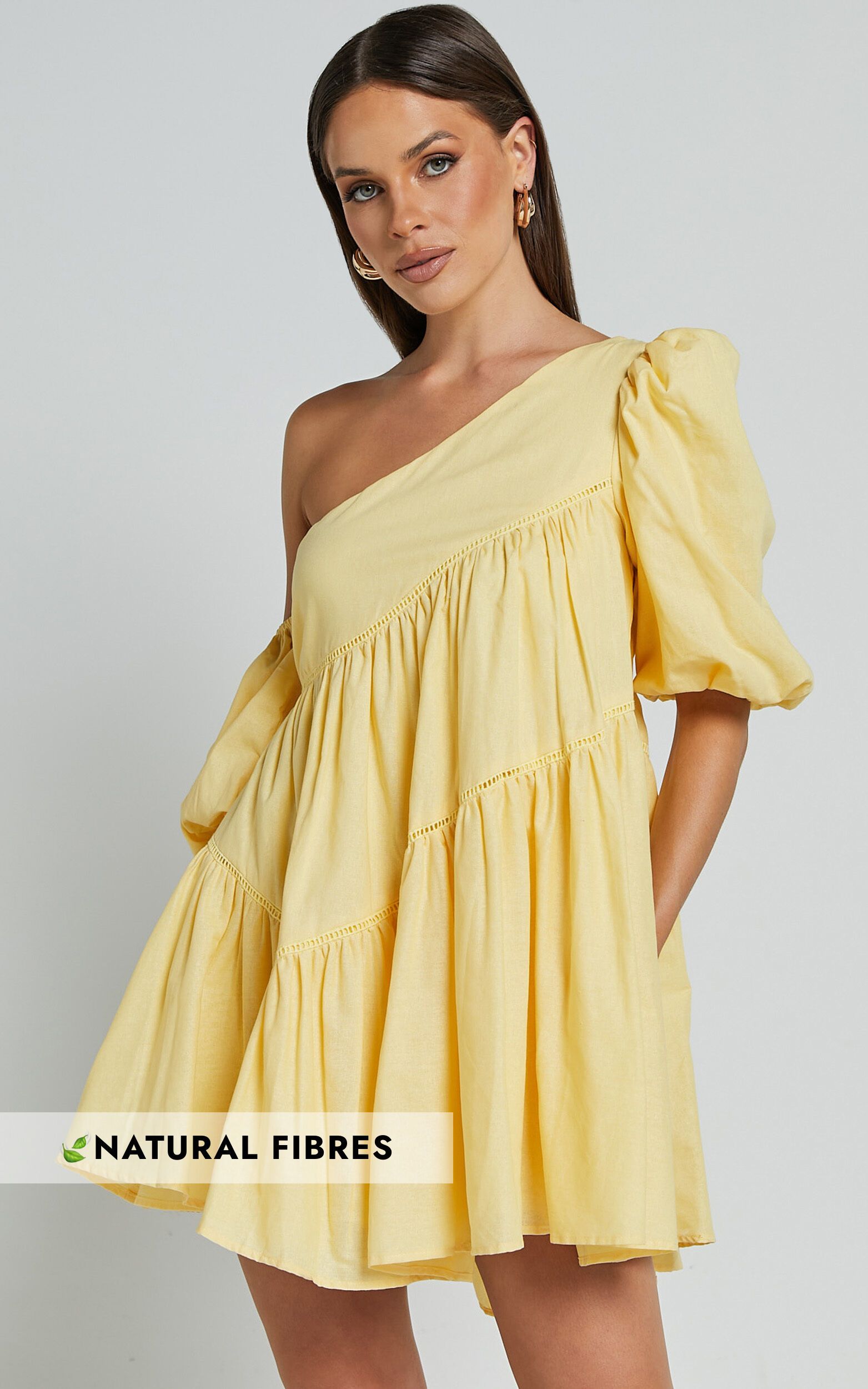 Harleen Mini Dress - Linen Look Asymmetrical Trim Puff Sleeve Dress in Lemon | Showpo (US, UK & Europe)