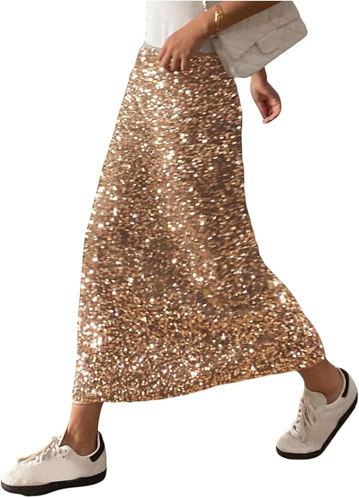 Floerns Women's Y2k Sequin Skirt Stretchy Night Out Party Glitter Long Skirt | Amazon (US)