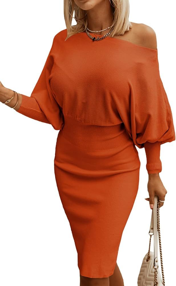 Dokotoo Women's Elegant Off Shoulder Long Lantern Sleeve Sweater Dress Elastic Waist Bodycon Mini... | Amazon (US)