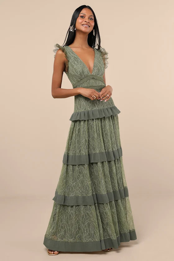 Marvelous Darling Olive Lace Ruffled Tiered Maxi Dress | Lulus