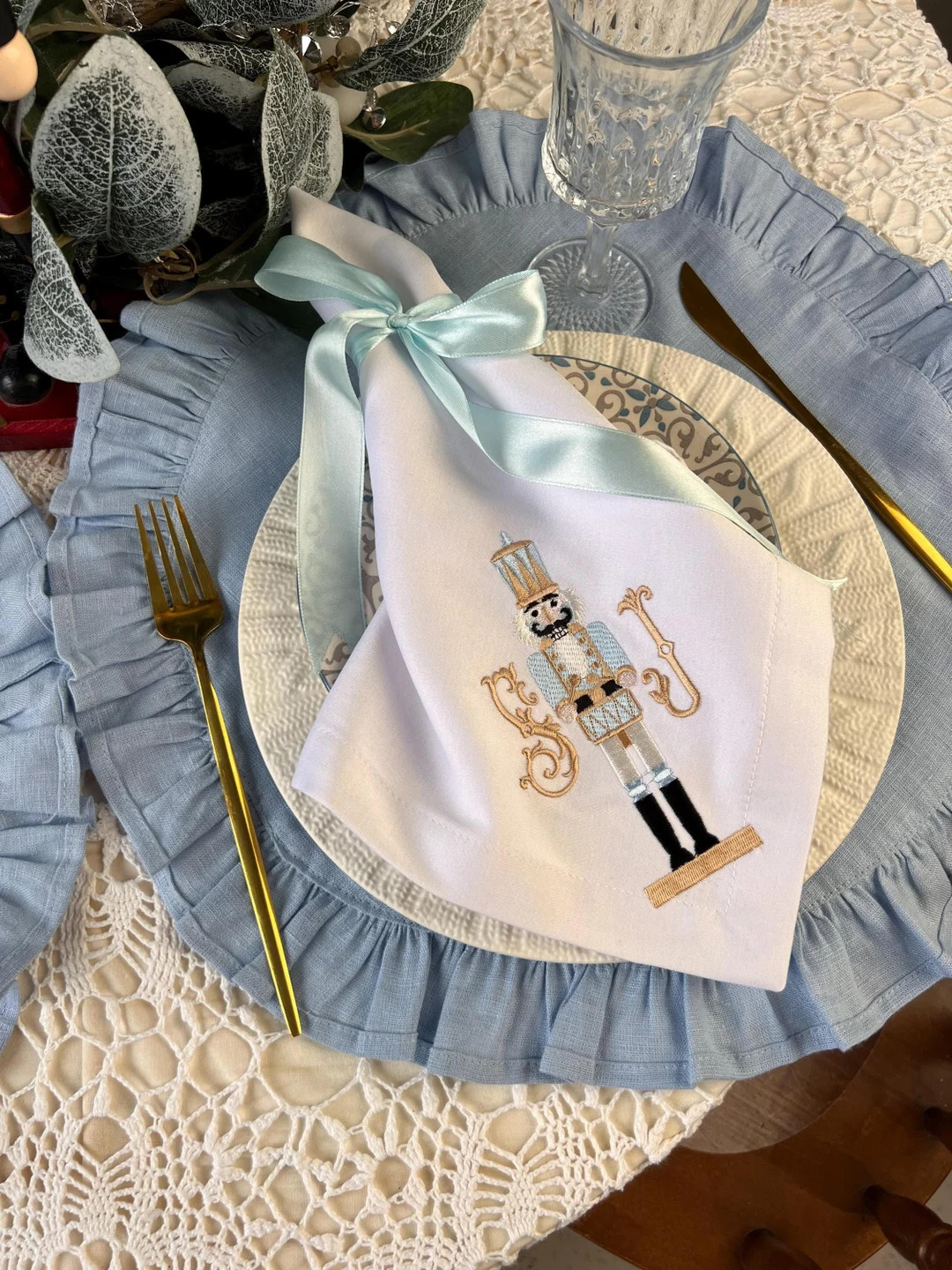 Nutcracker Embroidered Linen Napkins Set of 6 Customizable Monogrammed Table Linens in Pink or Bl... | Etsy (US)