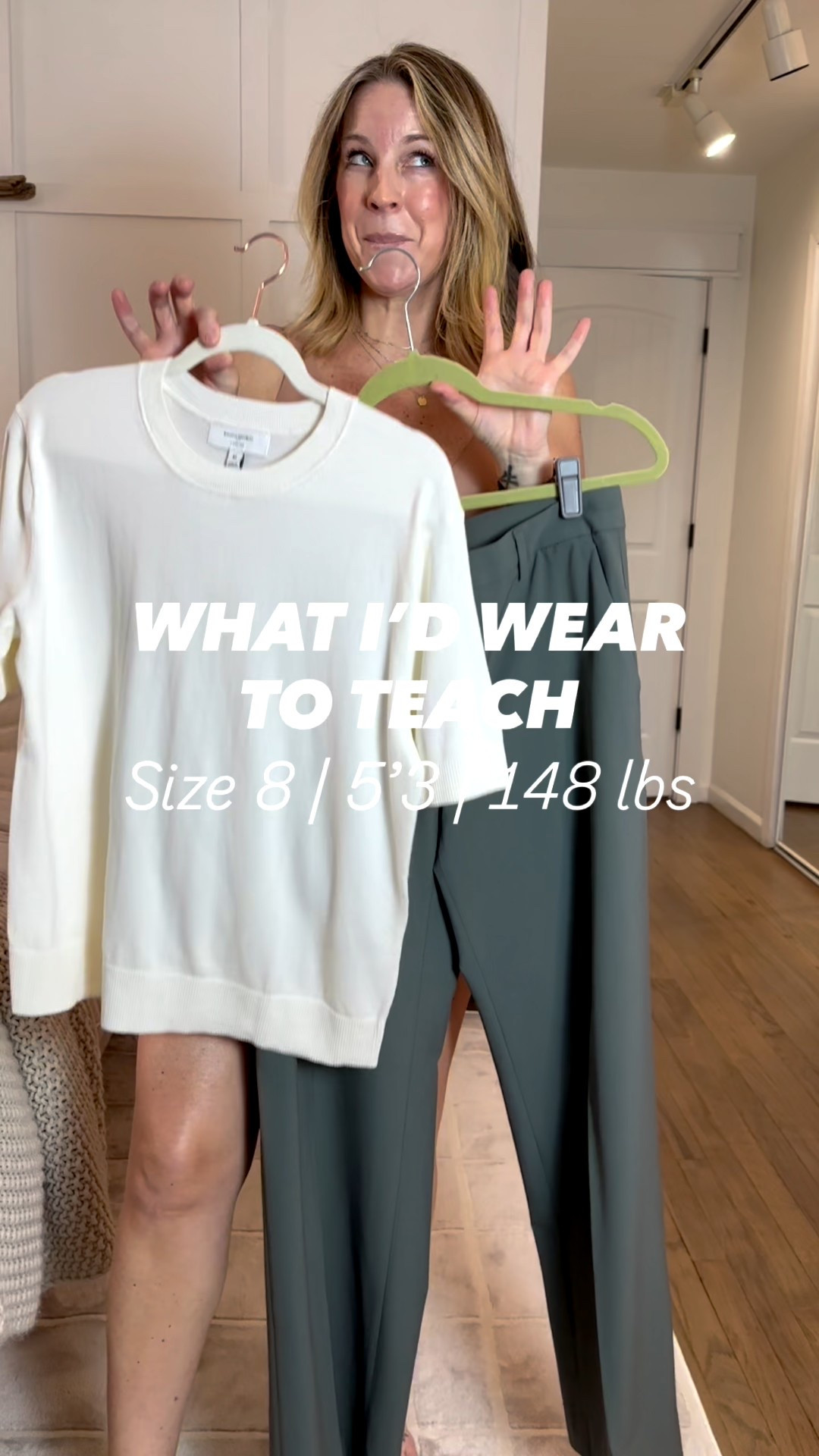 I wear a medium in the sweater. 10 regular in the trousers  The material of the navy and black is different than the green and ivory. There’s viscose in these and they don’t appear to be as no iron as the darker colors HOWEVER…they steamed beautifully and quickly. They’re also softer and have less sheen than the darker ones. 


#LTKWorkwear #LTKPetite #LTKSaleAlert