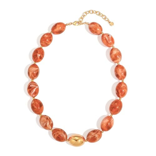 MYCUTEY Chunky Orange Beaded Choker Necklace for Women Adjustable Orange Oval Beaded Neckalces with Gold Accents Boho Statement Necklace Trendy Summer Beach Jewelry Gifts | Amazon (US)
