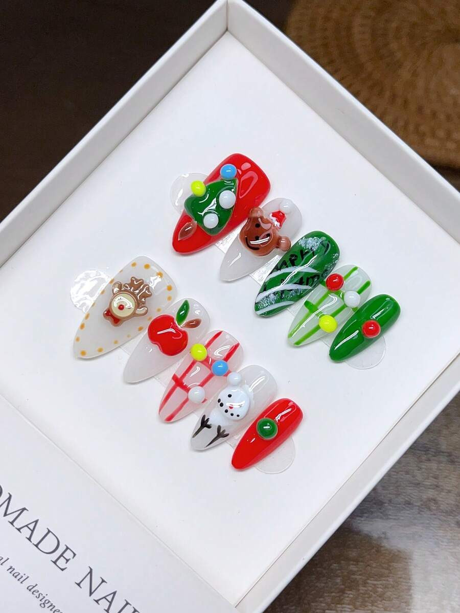 10 Pieces Of Pure Hand-Made Wearable Nails Almond Nail Shape Christmas Hand-Painted European And ... | SHEIN