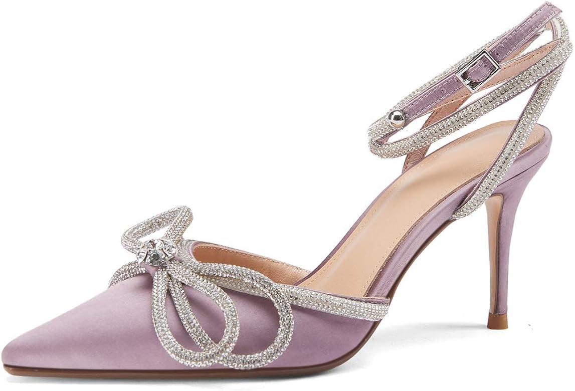 Women's Ankle Strap Sandals Rhinestone Bowknot Stilettos Satin High Heels Pointy Pumps | Amazon (US)