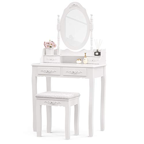 Mecor Vanity Table Set ,Makeup Table with Oval Mirror & Stool, Bedroom Wood Dressing Table with 4 Drawers White | Amazon (US)