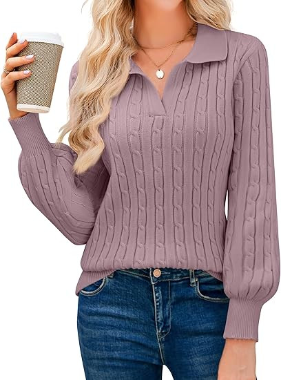 JUSTFASHIONNOW Womens Sweaters Polo V Neck Cable Knit Sweater Dressy Casual Pullover Jumper Tops ... | Amazon (US)