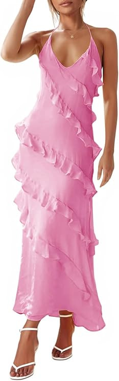 Wenrine Womens Sexy Chiffon Halter Maxi Dress Sleeveless Backless Ruffle Tassel Party Club Dresse... | Amazon (US)