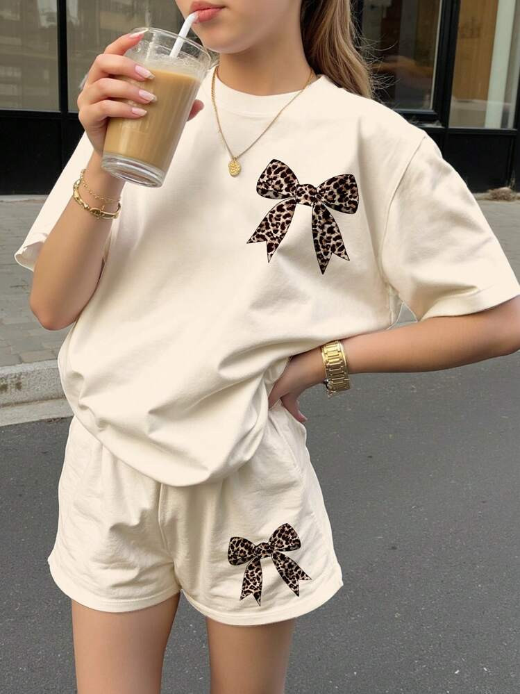 Emery Rose Kids Emery Rose Kids 2pcs Vintage Bowknot & Leopard Print Tween Girls Casual Minimalist Short Sleeve Top And Shorts Set, Summer | SHEIN