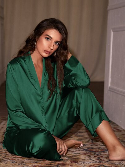 Shawl Collar Solid Satin PJ Set | SHEIN