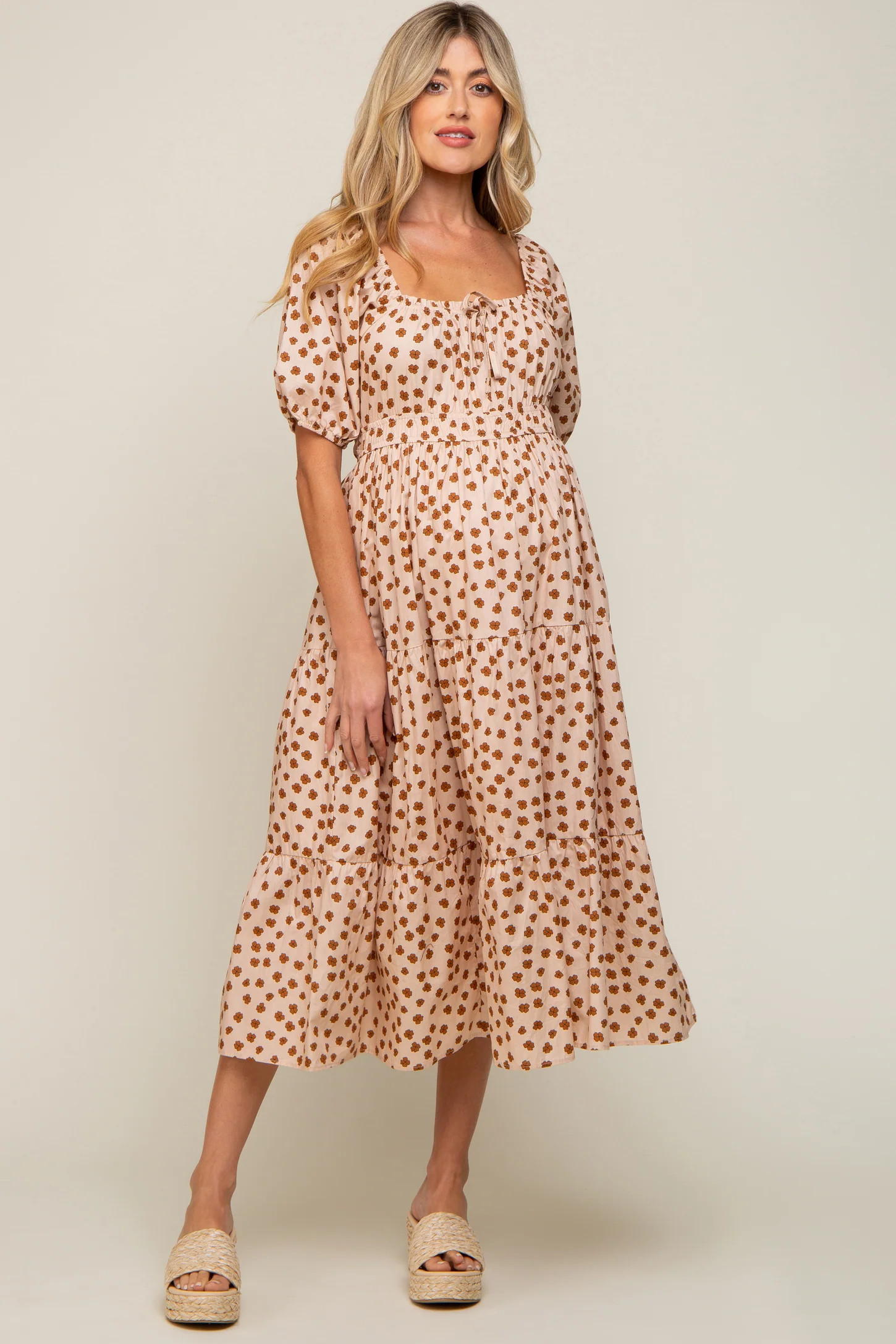 Taupe Floral Puff Sleeve Tiered Maternity Midi Dress | PinkBlush Maternity