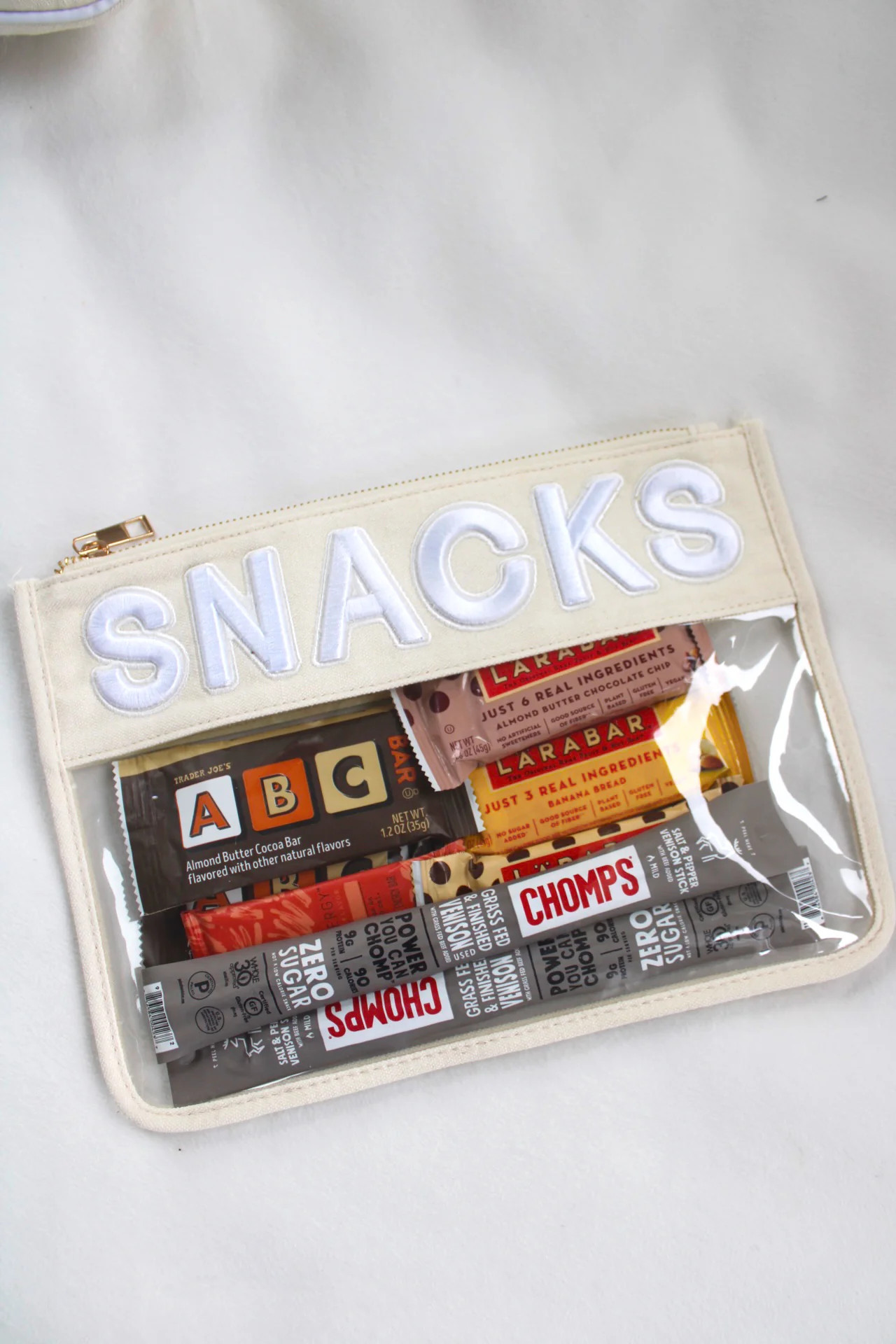 Snacks - White Canvas Flat Clear Pouch | KenzKustomz