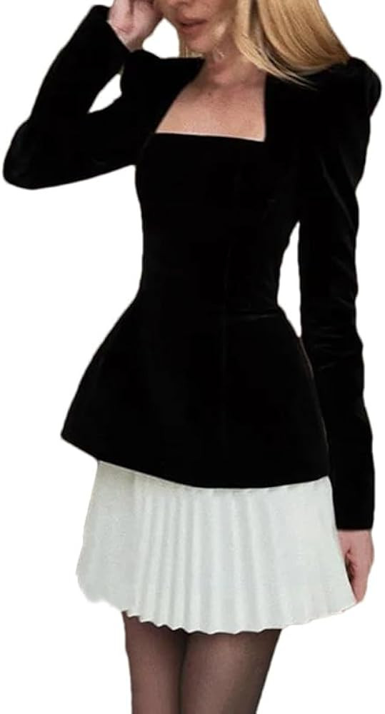 Women's Square Neck Corduroy Pearl Splicing A-Line Two-Piece Dress Solid Color Waist Cinching Cla... | Amazon (US)