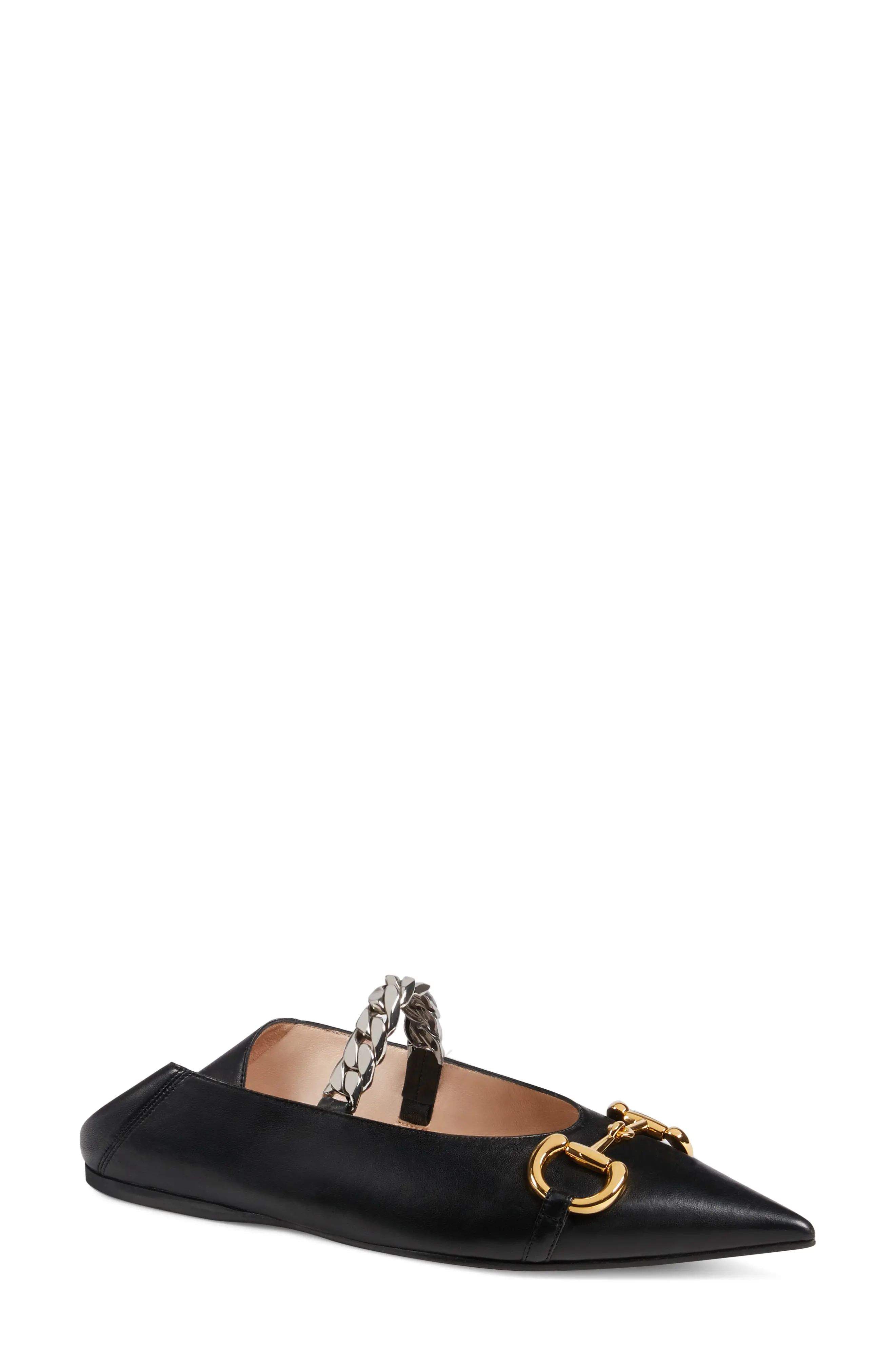 Women's Gucci Deva Horsebit & Chain Convertible Pointed Toe Ballet Flat, Size 7US - Black | Nordstrom