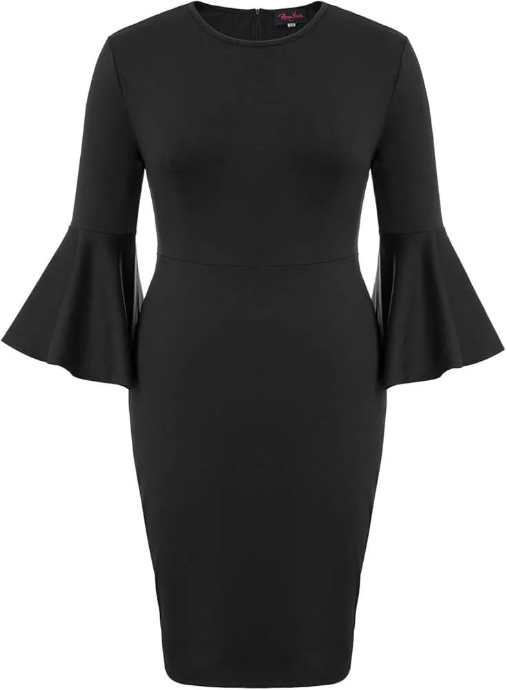 Hanna Nikole Women Plus Size Ruffle Bell Sleeve Flounce Cocktail Pencil Dress