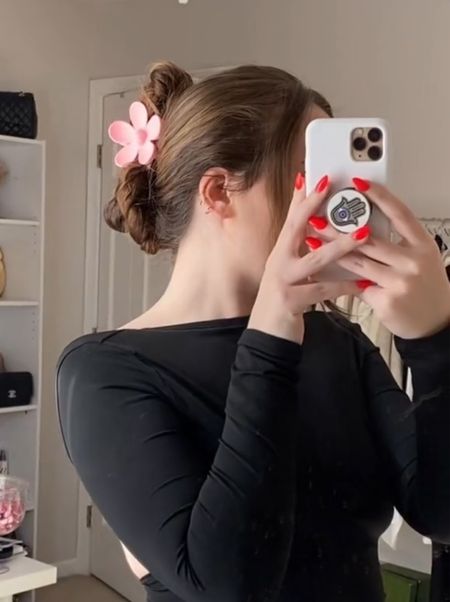 What I bought on Amazon and how it looks on me! Flower pink claw clip. Amazon black long sleeve backless top size small. Spring time outfit. Transitional style. Hailey Bieber outfit. Casual chic effortlessly style outfit inspiration 

#LTKU #LTKfit #LTKstyletip
