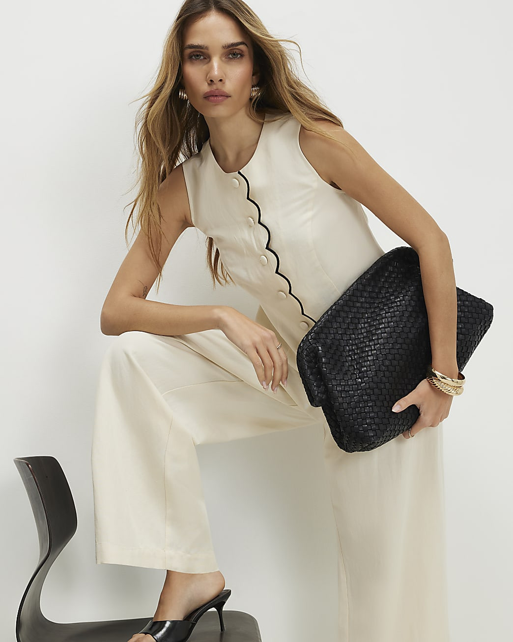 Cream Linen Blend Scallop Trim Waistcoat | River Island UK & IE