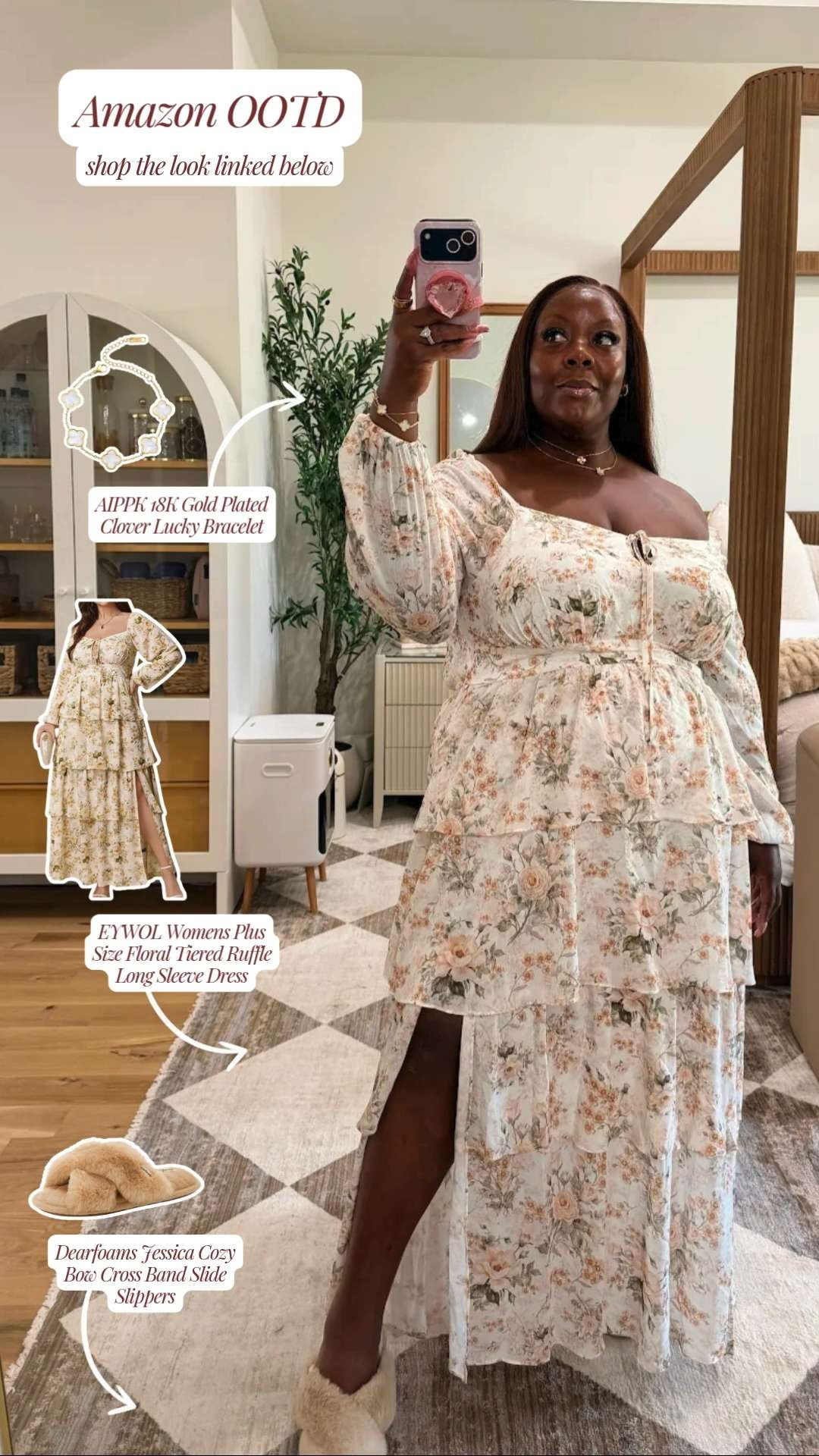 Serving a little romantic floral moment for today's Amazon OOTD! ✨ I am completely in love with this EYWOL Womens Plus Size Floral Tiered Ruffle Long Sleeve Dress—the tiered ruffles and high slit are everything. 🌸
To complete this cozy-glam home look, I styled it with the AIPPK 18K Gold Plated Clover Lucky Bracelet and the coziest Dearfoams Jessica Cozy Bow Cross Band Slide Slippers. ☁️✨

Follow for more @OPERATION_NIKI on IG, TikTok, & Facebook
#AmazonFinds #AmazonOOTD #AmazonFashion #PlusSizeFashion #CurvyStyle #FloralDress #MaxiDress #GoldJewelry #Dearfoams #CozyChic #LTKUnder100 #LTKStyle #MirrorSelfie 

 #LTKootd #LTKMidsize #LTKPlusSize