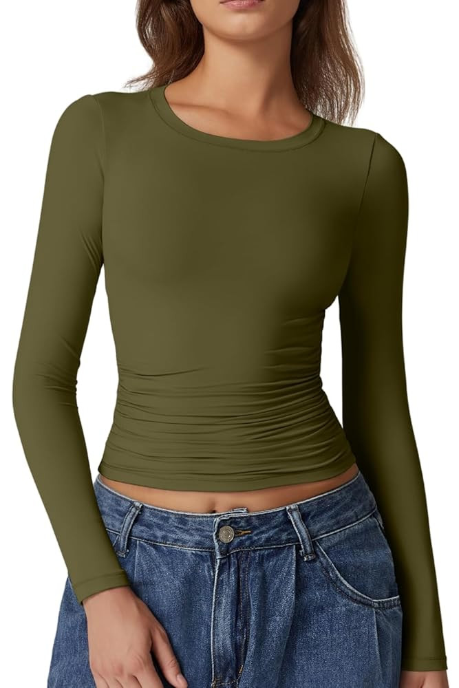 QINSEN Womens Crewneck Long Sleeve Shirt Double Lined Basic Tees Side Ruched Going Out Crop Tops | Amazon (US)
