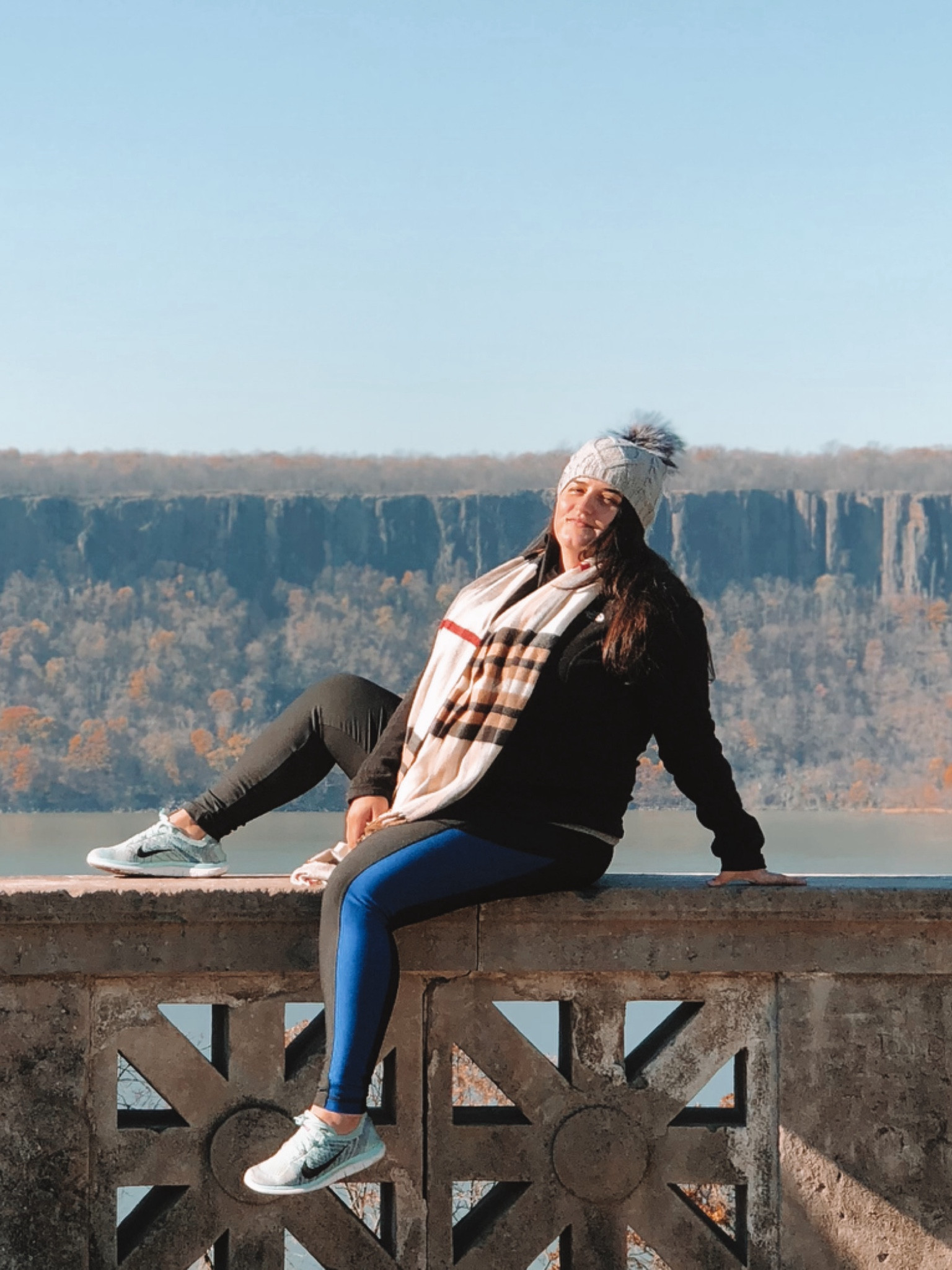 Cozy fall winter attire. Fleece black zip up, black workout leggings with blue stripe, blue Nike sneakers, checkered scarf, and grey hat. Wearing Large in everything. Nike 7 (you can size up .5 ) 

#LTKfindsunder100 #LTKfitness #LTKstyletip
