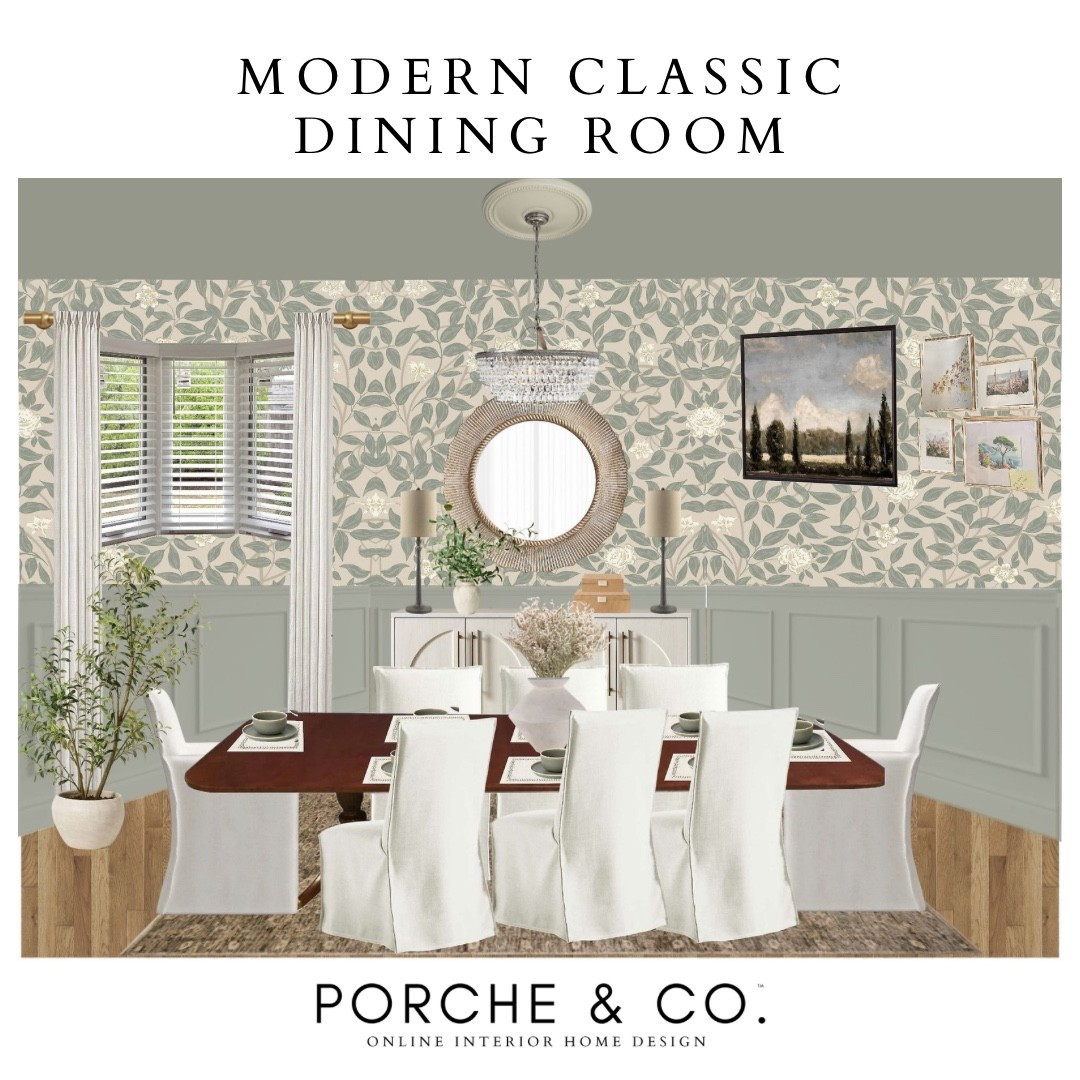 Modern Classic Dining Room 🤍
Soft sage tones, layered patterns, and timeless silhouettes come together to create a dining space that feels both elegant and welcoming. This design blends classic charm with modern ease—perfect for everyday living and effortless entertaining.

Dining Room Online Interior Design from Porche & Co. is all about thoughtful details, cohesive color palettes, and furniture that feels elevated yet livable.

Do you want to bring our dreamy Modern Classic style interior design into your own home? 🏡 You’re in luck!
Reserve our Online Interior Design packages today → https://porcheandco.com/edesign ✨
We can’t wait to work with you & design your home with #porcheandco

#porcheandco #visionboard #moodboard #interiordesign #virtualdesign


#LTKHome #LTKOver40 #LTKvlog