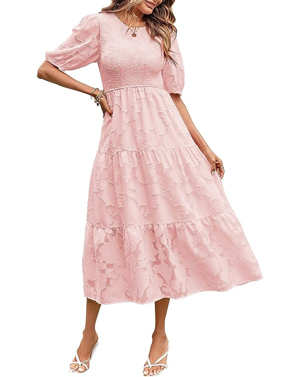 MEROKEETY Women's 2024 Summer Puff Sleeve Smocked Floral Dress Crewneck Lace Flowy Tiered Midi Dr... | Amazon (US)
