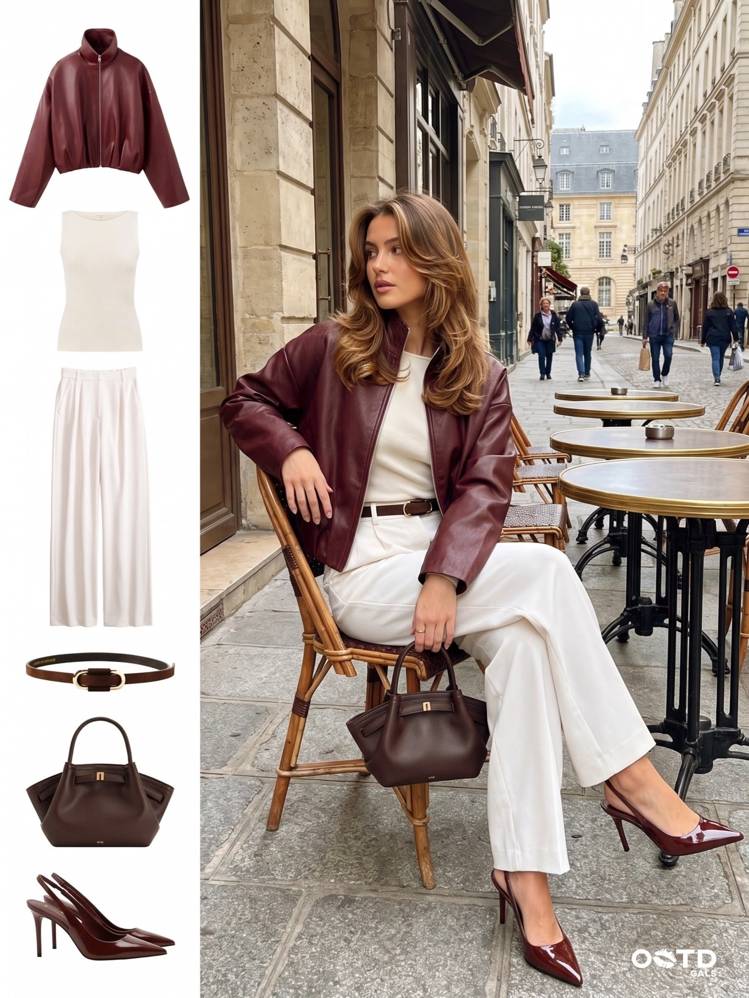 Burgundy and ivory make the perfect Parisian café outfit 🤎
A rich burgundy leather jacket styled with a fitted ivory sleeveless top, elegant ivory wide-leg trousers, a slim brown belt, glossy burgundy slingback heels, and a structured chocolate-brown handbag.
This polished outfit is perfect for café dates, city strolls, lunch plans, travel, date night, or elevated everyday style. Shop every piece through the tagged products.

#LTKFashionMonth #LTKstyletip #LTKautumn