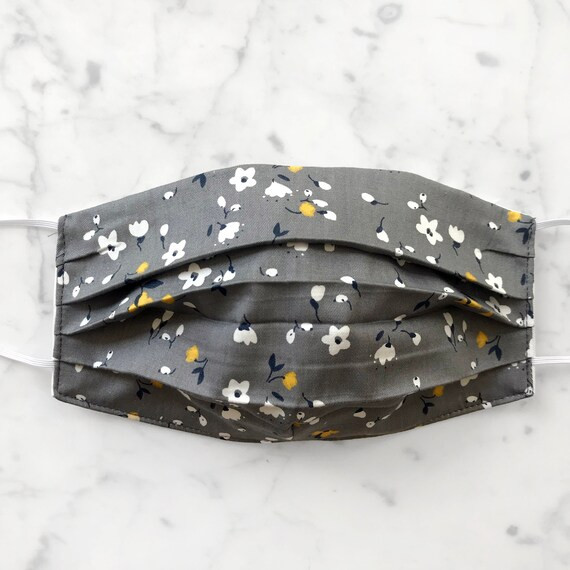 Grey Floral Pleated Face Mask with Filter Pocket - Washable and Reusable | Etsy (US)