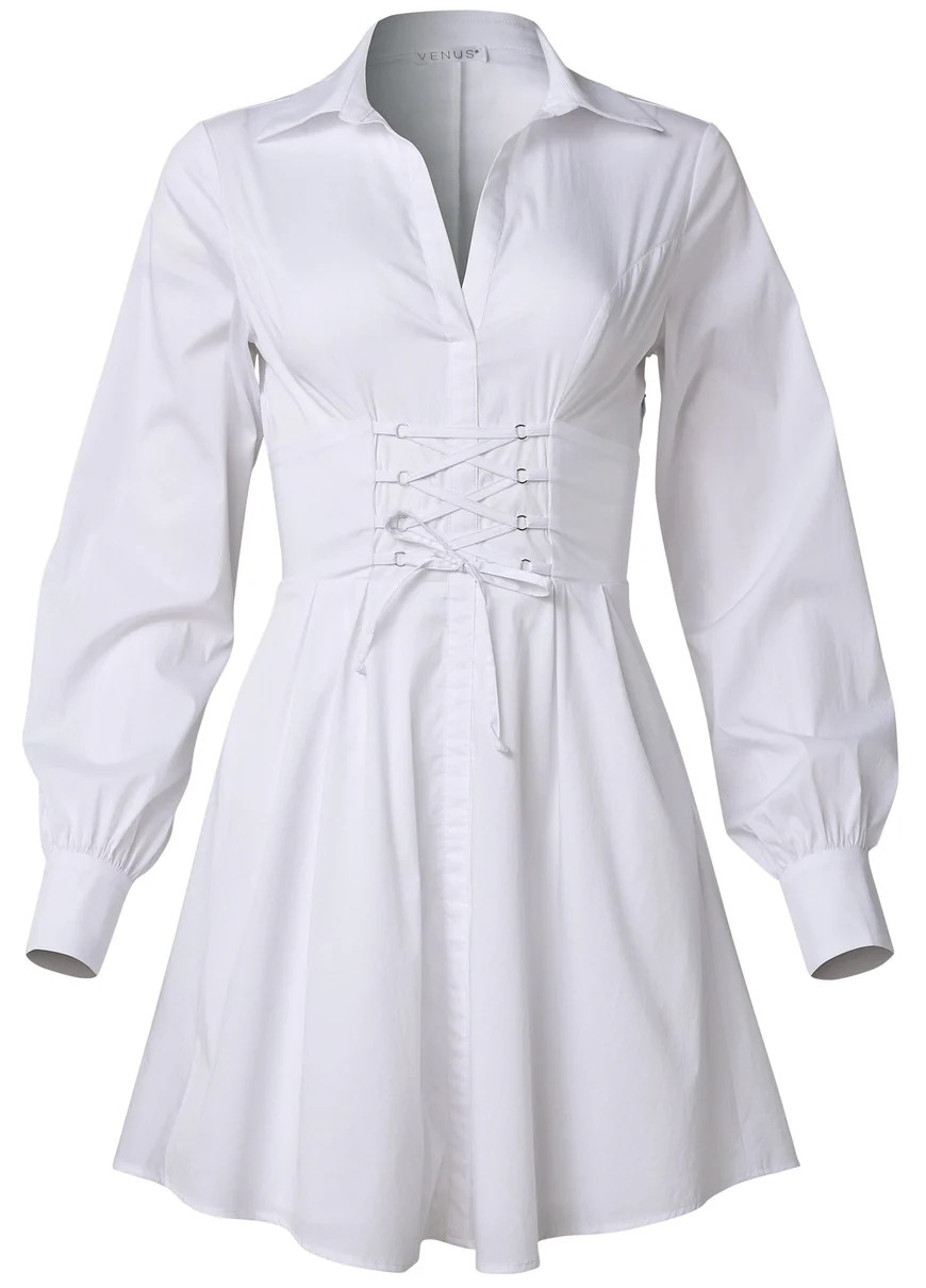 Corset Waist Shirt Dress  - White | VENUS