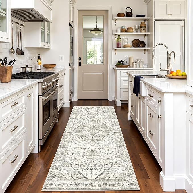 Deerly 2x7 Runner Rugs - Washable Kitchen Rugs with Non Slip Backing, Non-Shedding Cream Runners ... | Amazon (US)