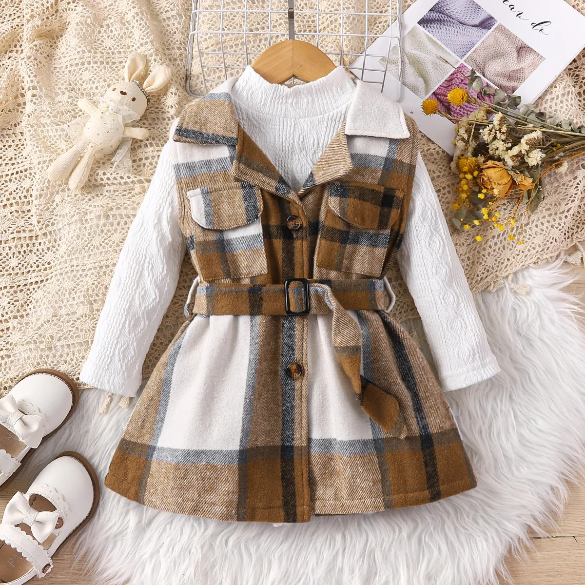 2pcs Toddler Girl Classic Mock Neck Textured Tee and Plaid Lapel Collar Belted Dress Set | PatPat