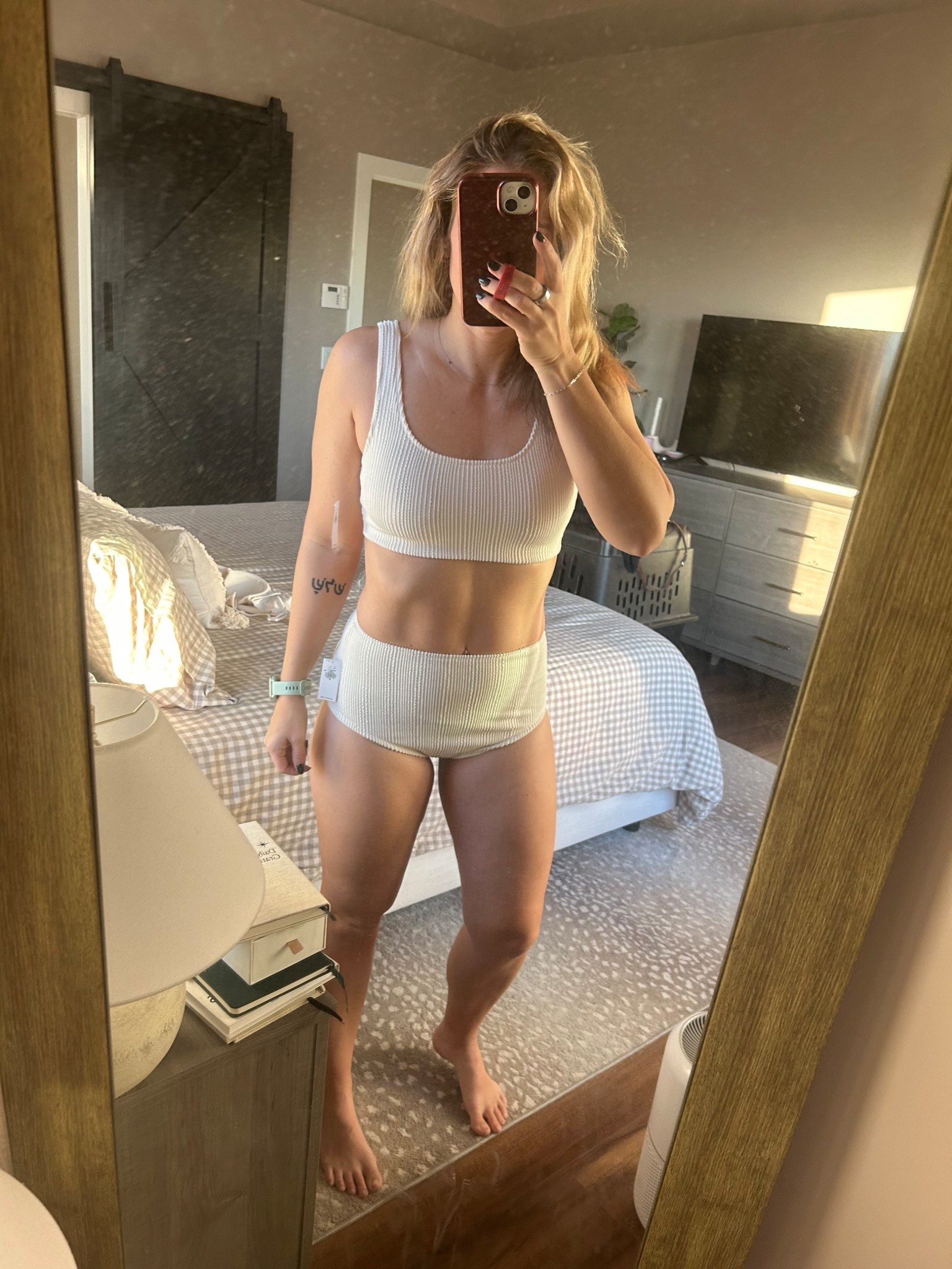 White high waisted swimsuit option! 

Top is a small, bottoms medium. Both pieces seem to run a little big so I’d suggest sizing down if between sizes (especially on top). 

#LTKFindsUnder50 #LTKTravel #LTKSaleAlert