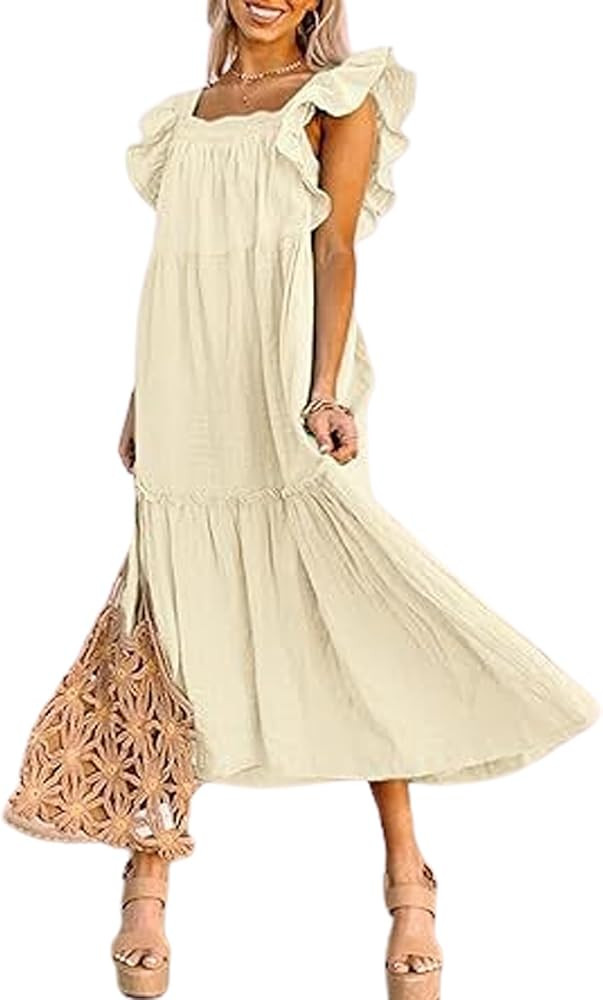 loveimgs Women's Summer Ruffle Sleeve Square Neck Midi Dress Casual Loose Flowy Pleated Tiered Ba... | Amazon (US)