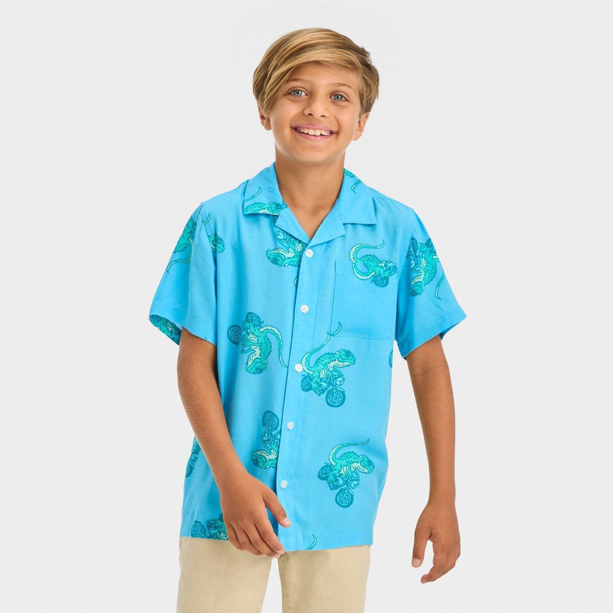 Boys' Short Sleeve Lizard Bicycle Button-Down Shirt - Cat & Jack™ Blue/Green | Target