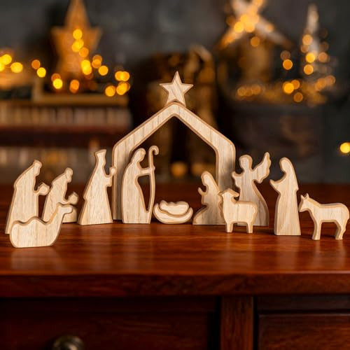 NEROSUN Nativity Scene Set, 13Pcs Wooden Christmas Nativity Scene Miniature Holy Family Figurines, Minimalism Boho Tabletop Christmas Manger Decorations for Indoor Home Mantel Display | Amazon (US)