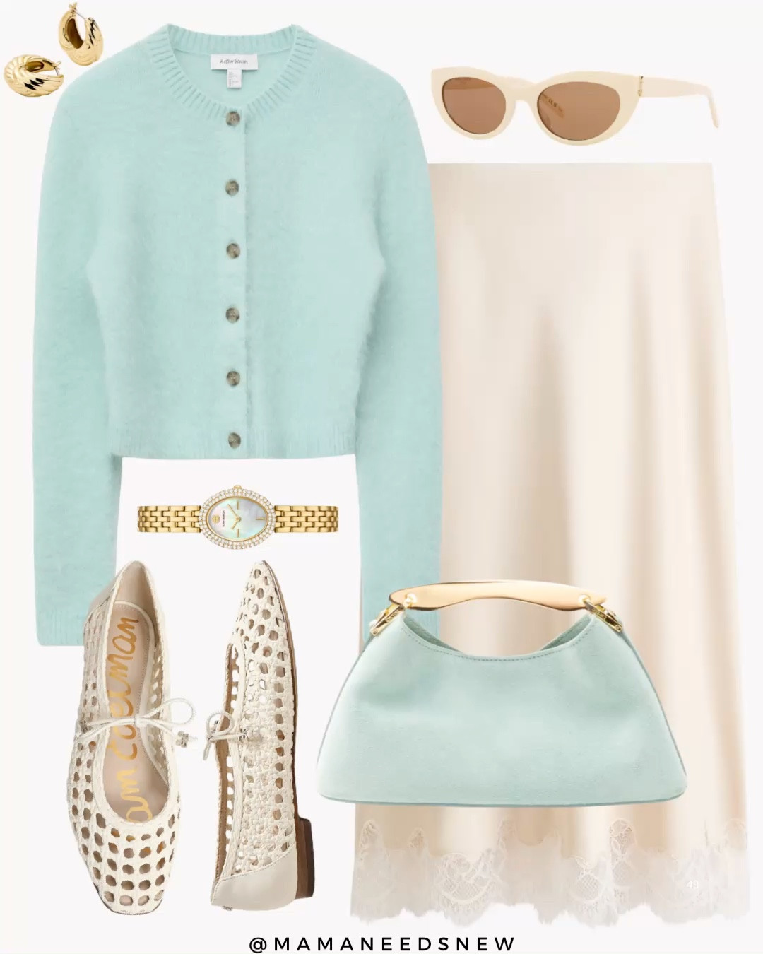 A spring outfit with a cardigan, lace trim slip skirt, top handle bag, woven flats 🩵

#LTKSeasonal #LTKSaleAlert #LTKootd