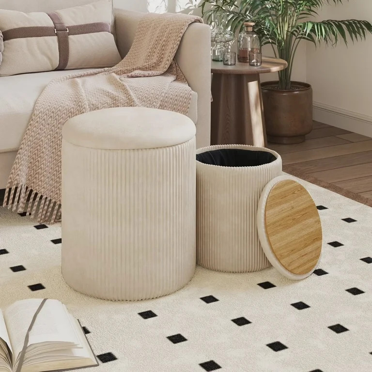 Waleaf Round Ottoman with Storage Set of 2, Upholstered Velvet Vanity Stool for Living Room & Bed... | Walmart (US)