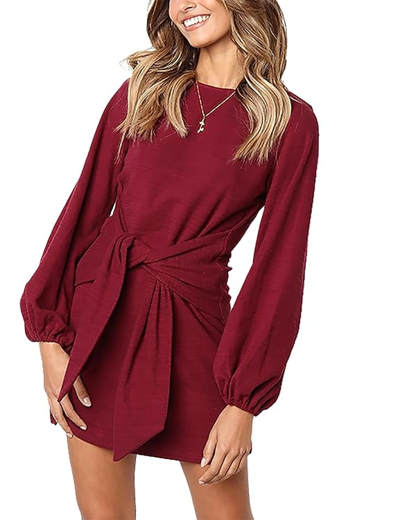 PRETTYGARDEN Womens Fall Elegant Long Lantern Sleeve Short Dress Wedding Guest Crewneck Tie Waist... | Amazon (US)