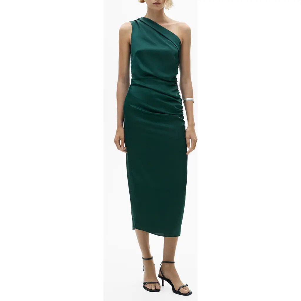 MANGO Pleat Shoulder Ruched One-Shoulder Dress in Green at Nordstrom, Size 4 | Nordstrom
