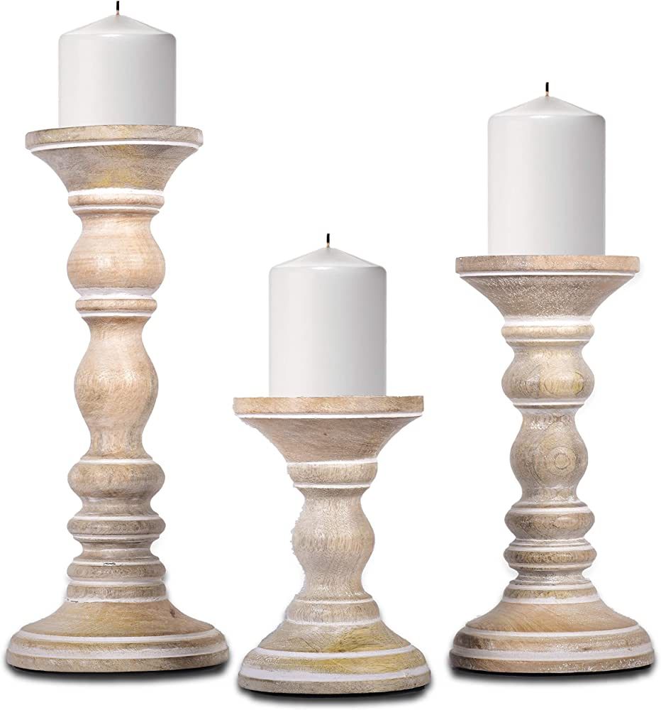Mela Artisans Whitewash Hand Carved Wooden Pillar Candle Holders - Set of 3 | Willow Decorative S... | Amazon (US)