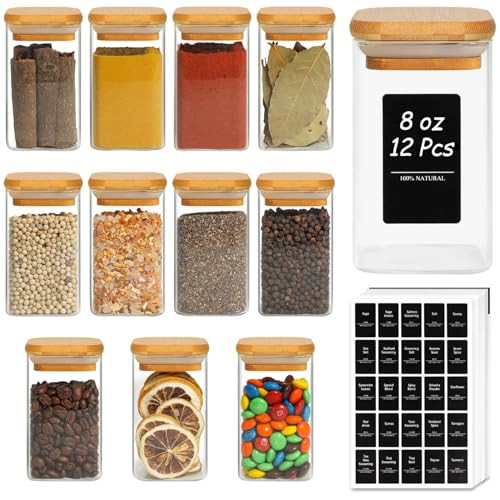 ComSaf 12Pcs Glass Spice Jars with Bamboo Lid, 8oz Airtight Square Containers with 275 Black Lables, Empty Seasoning Jars for Spice Salt Sugar | Amazon (US)