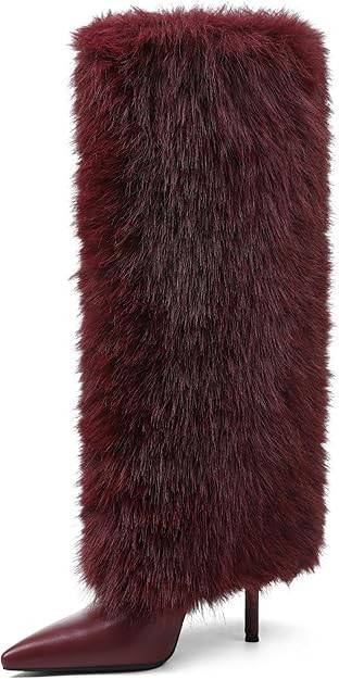 Kalstage Women Fur Knee High Boots Heels Wide Calf Fold Over Tall Boots for Party Evening Fashion... | Amazon (US)