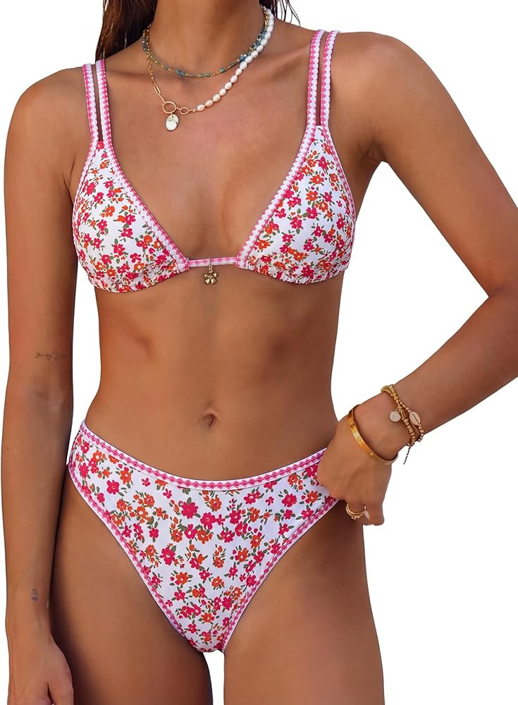 ANRABESS Women's 2 Piece Swimsuit Bikini Sets Double Shoulder Straps Floral Cute Triangle Bathing... | Amazon (US)