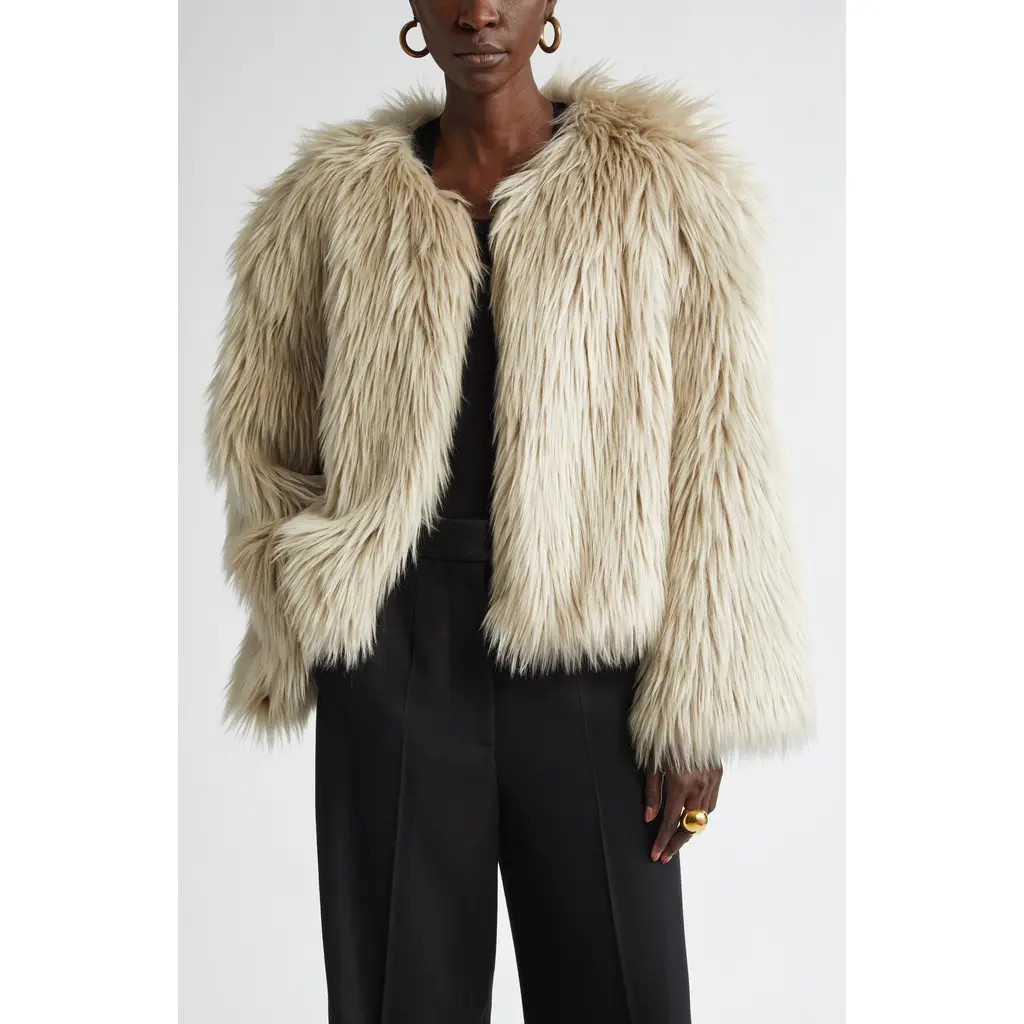St. John Collection Faux Fur Crop Jacket in Mastic at Nordstrom, Size Medium | Nordstrom