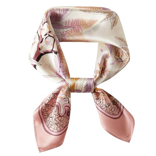 100% Mulberry Silk Neck Scarf 21"x21" Silk Hair Scarf for Women Small Square Silk Head Scarf Silk Bandana Scarf Lightweight Neckerchie, Pink Scarf (Leaves) | Amazon (US)