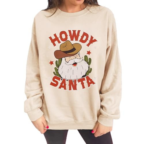Ritatte Christmas Santa Sweatshirt for Women Vintage Howdy Santa Claus Graphic Sweatshirt Xmas Casual Crewneck Pullover Tops(Black, L) | Amazon (US)