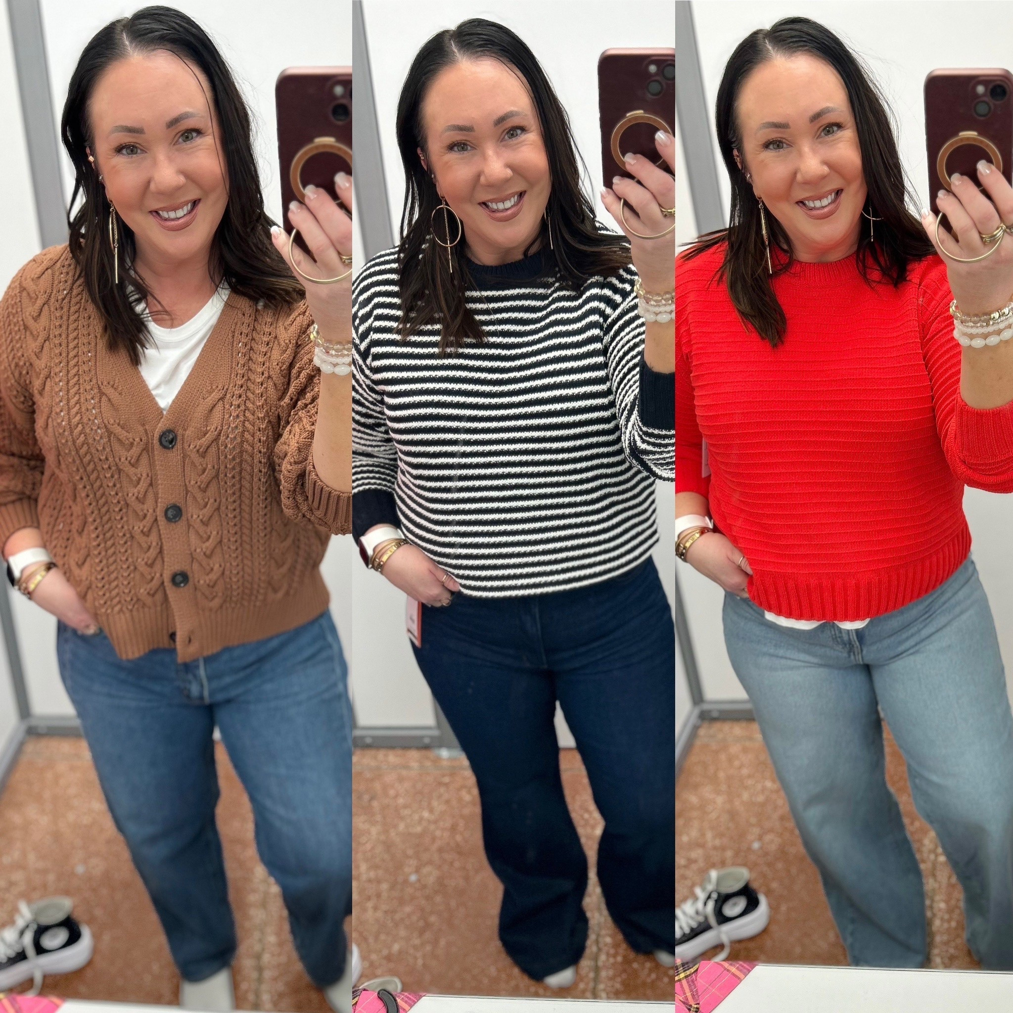 @walmart fitting room try on! Large cardigan and sweaters. Size 16 full length flare jeans. Size 16 barrel leg jeans. Run small. Need a size up. Size 15 wide leg jeans. Meant to grab a size 16! XL @gap tee  

#LTKOver40 #LTKMidsize #LTKPlusSize