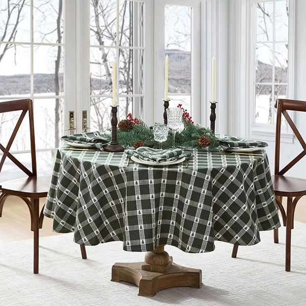 Christmas Green Plaid and Trees Tablecloth | Antique Farm House